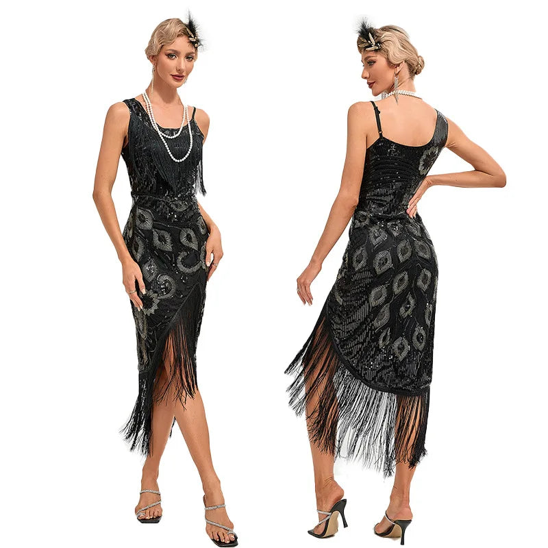 Plus Size 1920s Vintage Fringed Gatsby Sequin Beaded Tassels Hem Flapper Dress Sexy One Shoulder Gastby Dress for Women