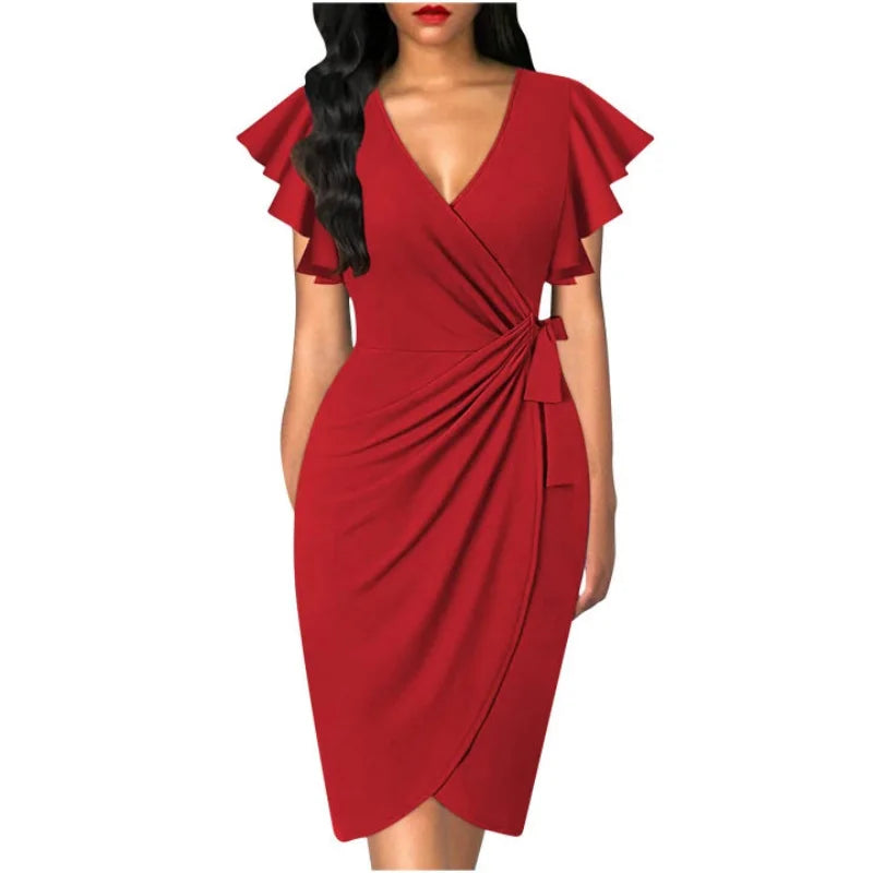 Women's Sexy Summer Dress Faux Wrap Cocktail Deep V Neck Ruffle Sleeve Ruched Detail for Party Work Formal Wedding