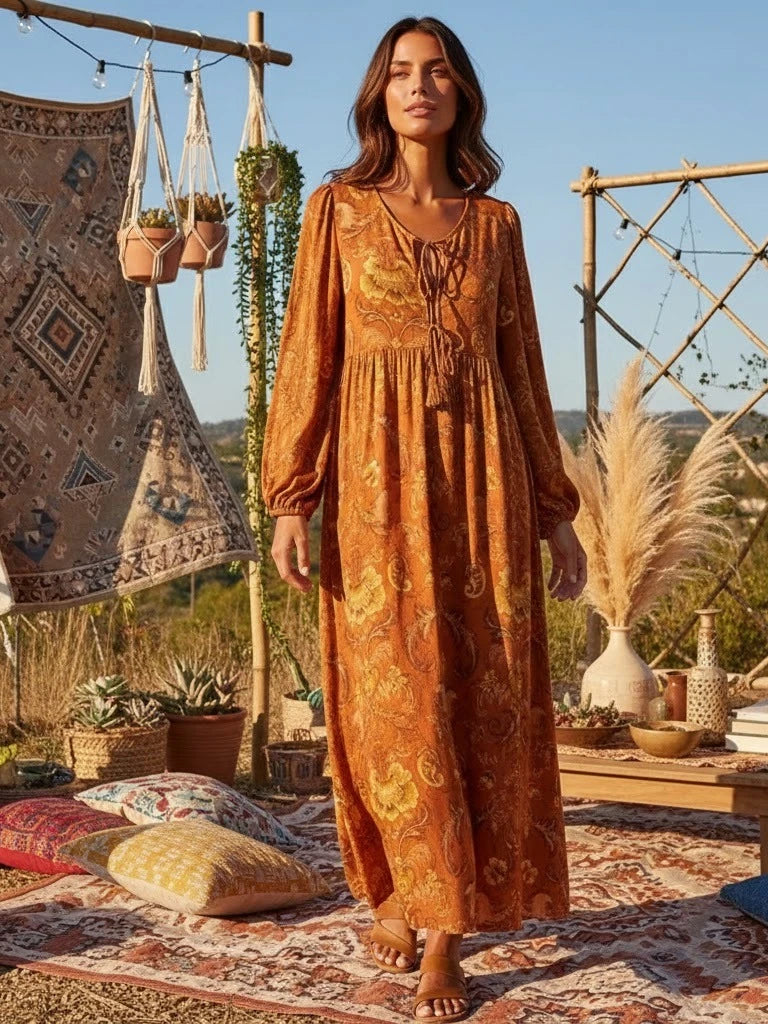 Vintage Chic Women Floral Print Lace-up Rayon Cotton Beach Bohemian Midi Dresses Ladies V-neck Boho Dress Vestidos