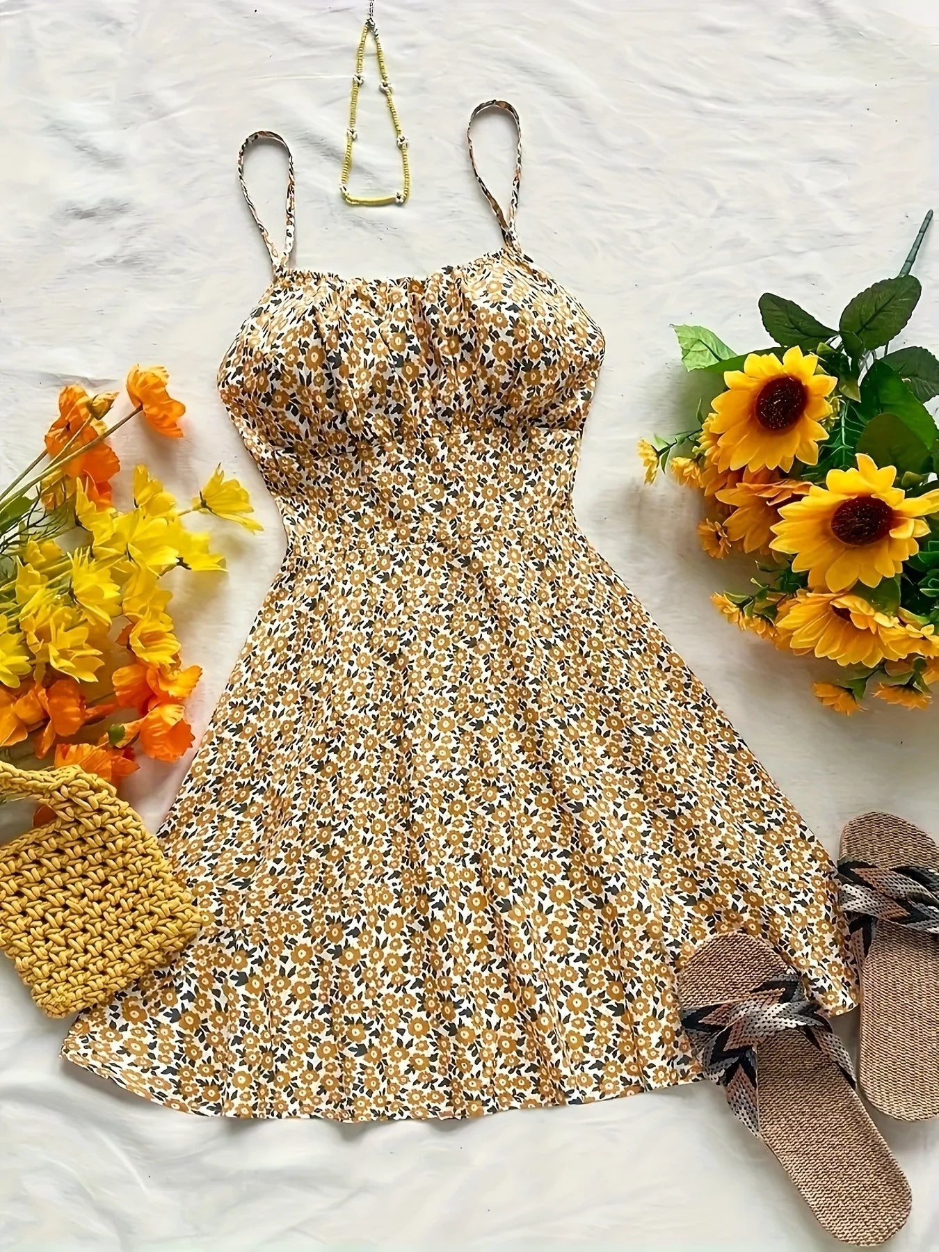 2025 Summer New European and American Cross border Women's Trade Fashion Leisure V-neck Floral Strap Dress