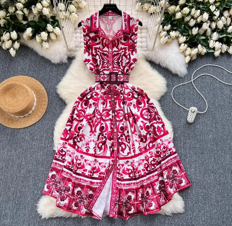 2023 Summer Runway Shirt Dress Women's Notch Collar Sleeveless Blue and White Porcelain Print Lace Up Belt Pleated Midi Dress