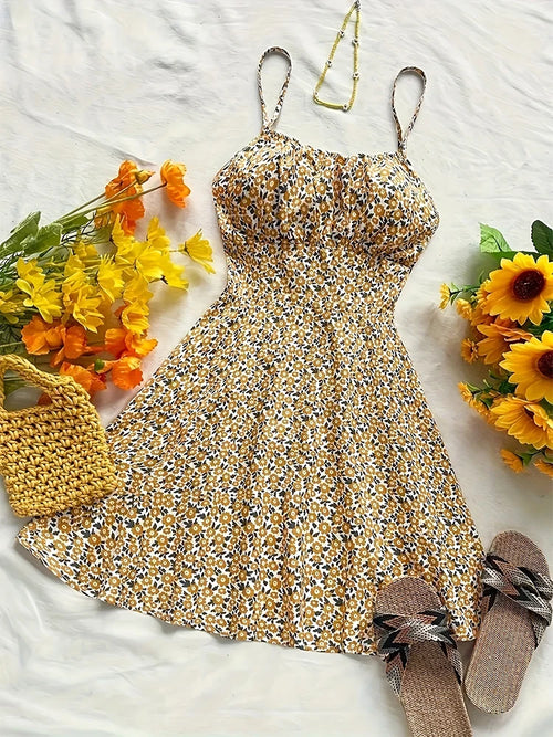 2025 Summer New European and American Cross border Women's Trade Fashion Leisure V-neck Floral Strap Dress