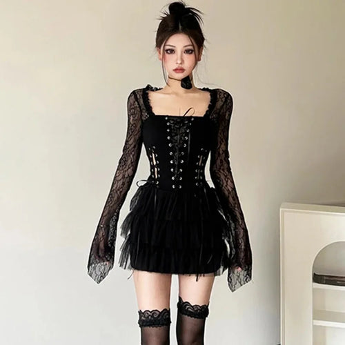 Lace Patchwork Mini Dress with long sleeves