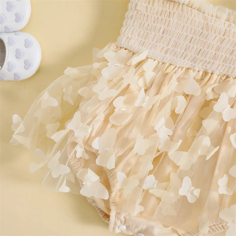 Infant Girl Romper Dress Butterfly Decor Fly Sleeve Ruched Mesh Skirt Hem Jumpsuits Newborn Clothes Baby Bodysuits with Headband