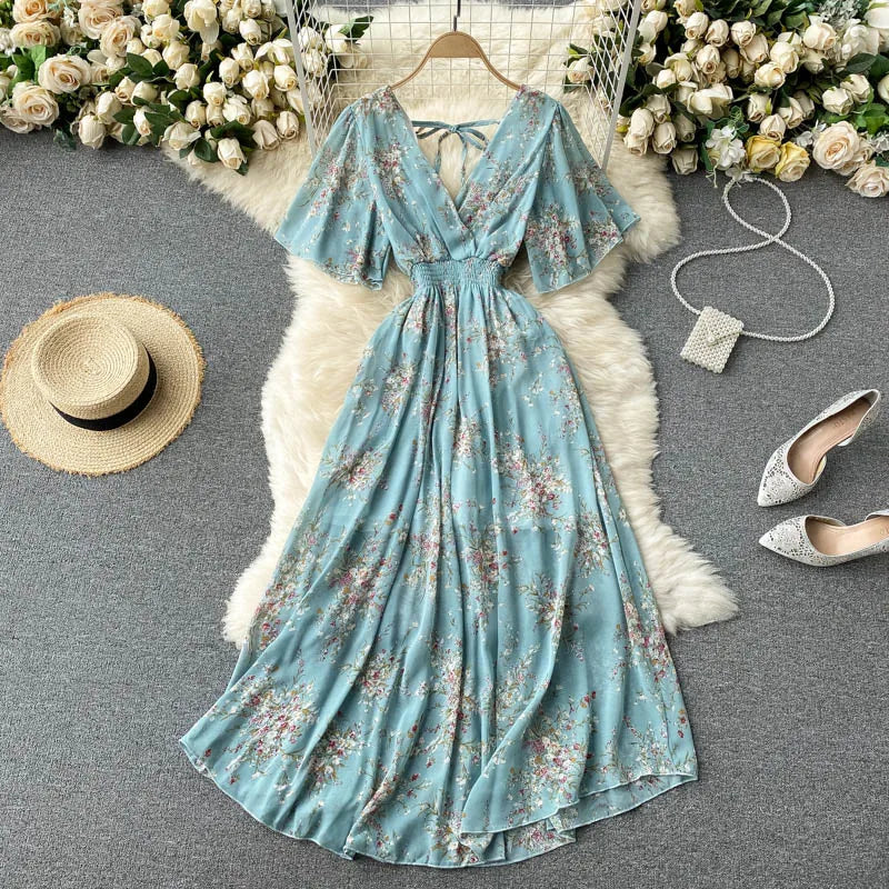 Women Chiffon Floral Long Dress Elegant Korean V Neck Short Sleeve Summer Bohemian Print Beach Dresses For Women Black