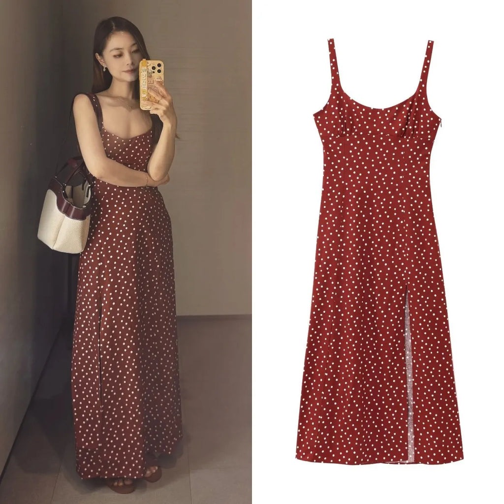 ETJ 2025 summer new  women's dress is a fresh breathable fabric blend with polka dot print and a slit MIDI dress