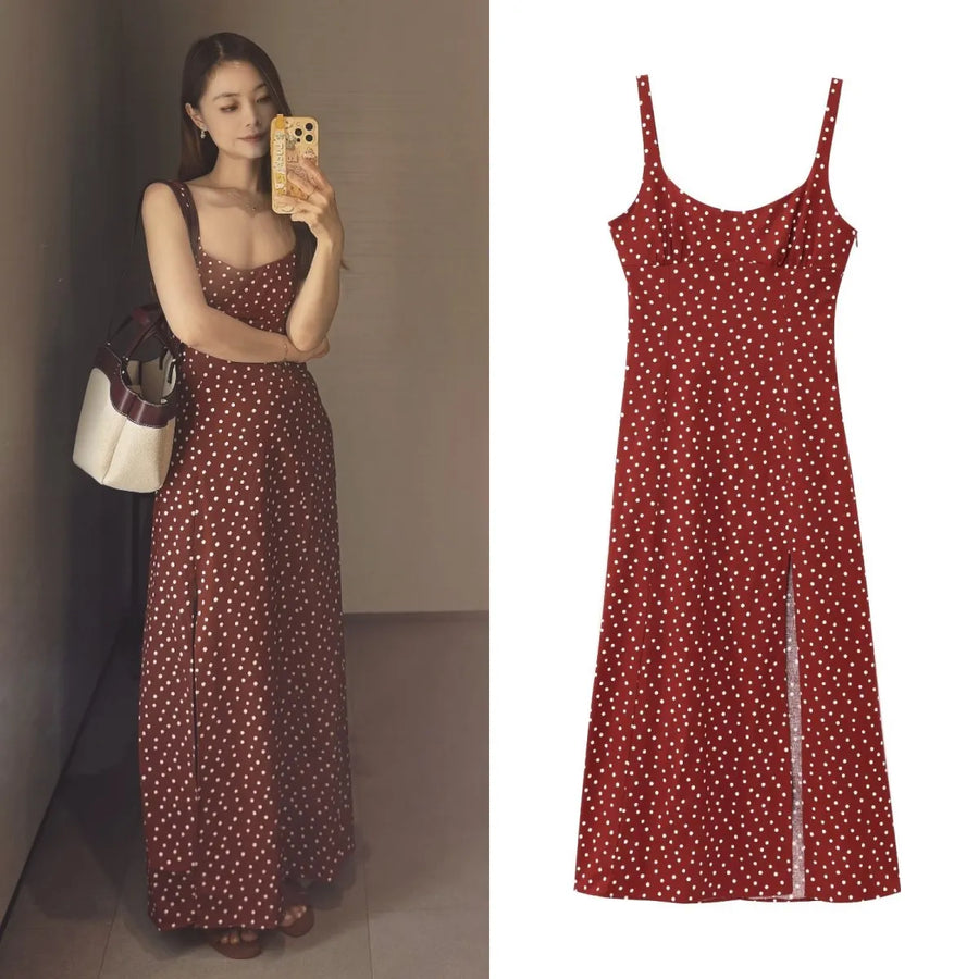 ETJ 2025 summer new  women's dress is a fresh breathable fabric blend with polka dot print and a slit MIDI dress