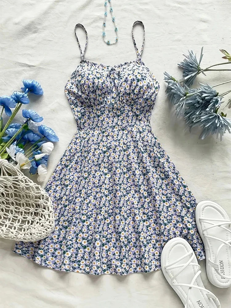2025 Summer New European and American Cross border Women's Trade Fashion Leisure V-neck Floral Strap Dress