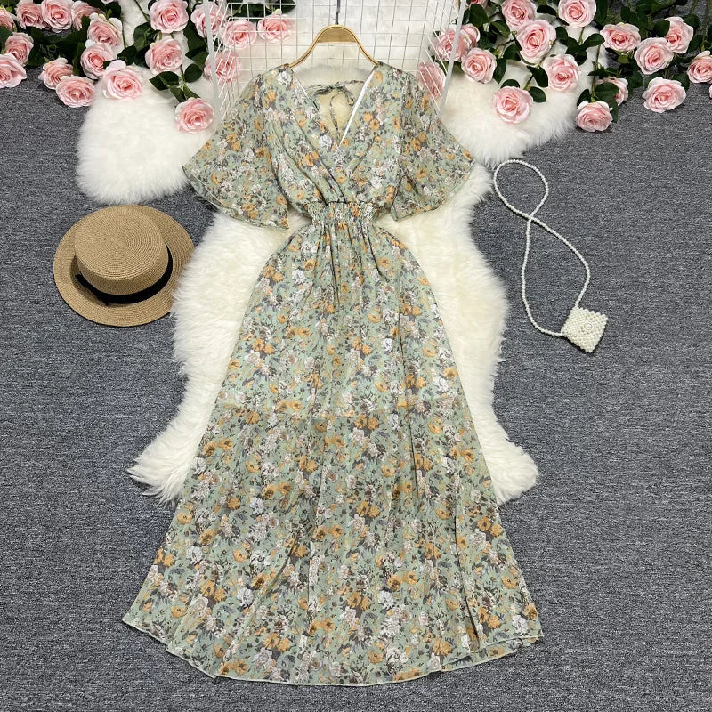 Women Chiffon Floral Long Dress Elegant Korean V Neck Short Sleeve Summer Bohemian Print Beach Dresses For Women Black