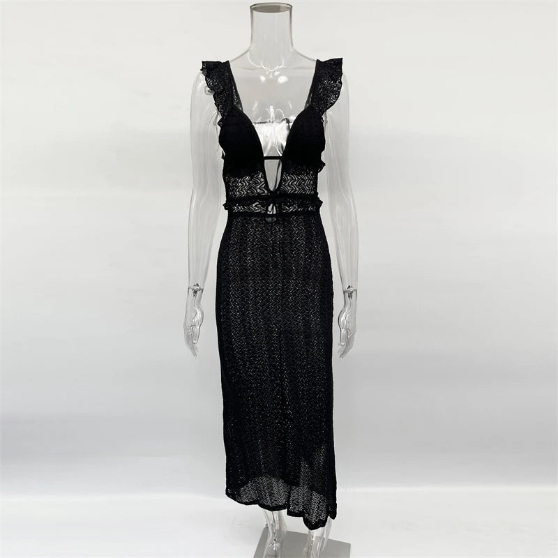 TARUXY Deep V Neck Sexy Dresses Women Sleeveless See Through High Waist Long Cover Up Dress Femme Holiday Knitted Beach Dress