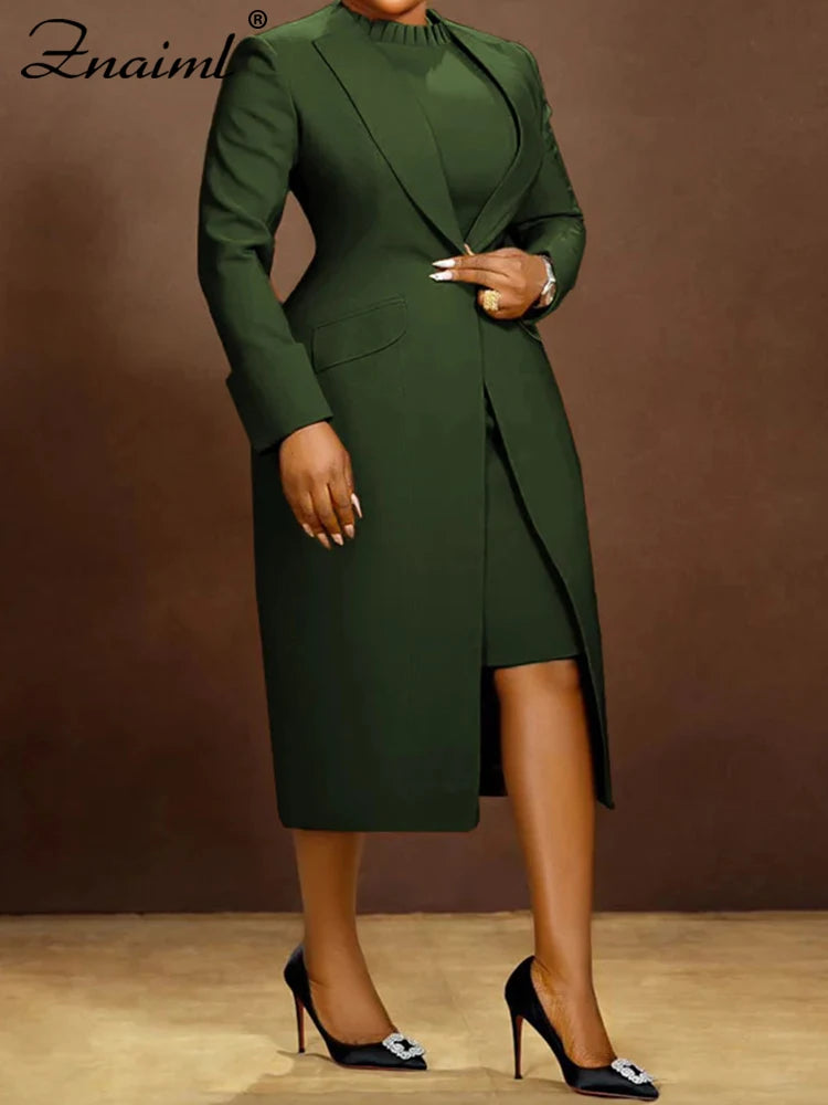 Znaiml Elegant Office Lady Long Blazer with Dress 2 Pieces Sets Woman Clothing Fashion Work Business African Streetwear Outfits