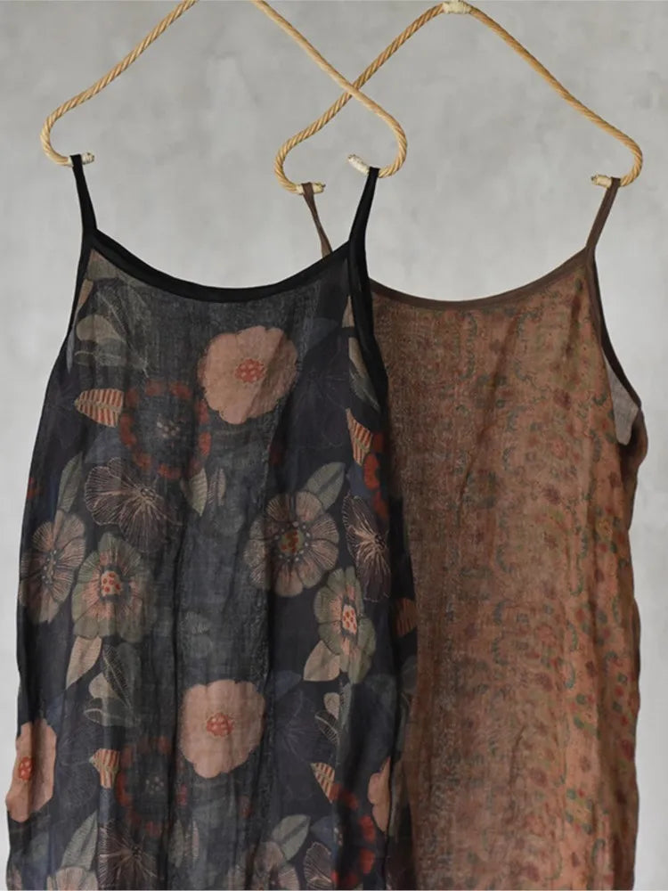Women Loose Printed Thin Ramie Dress Ladies Vintage Printed Spaghetti Strap Dresses Female 2023 Transparent Dress Summer