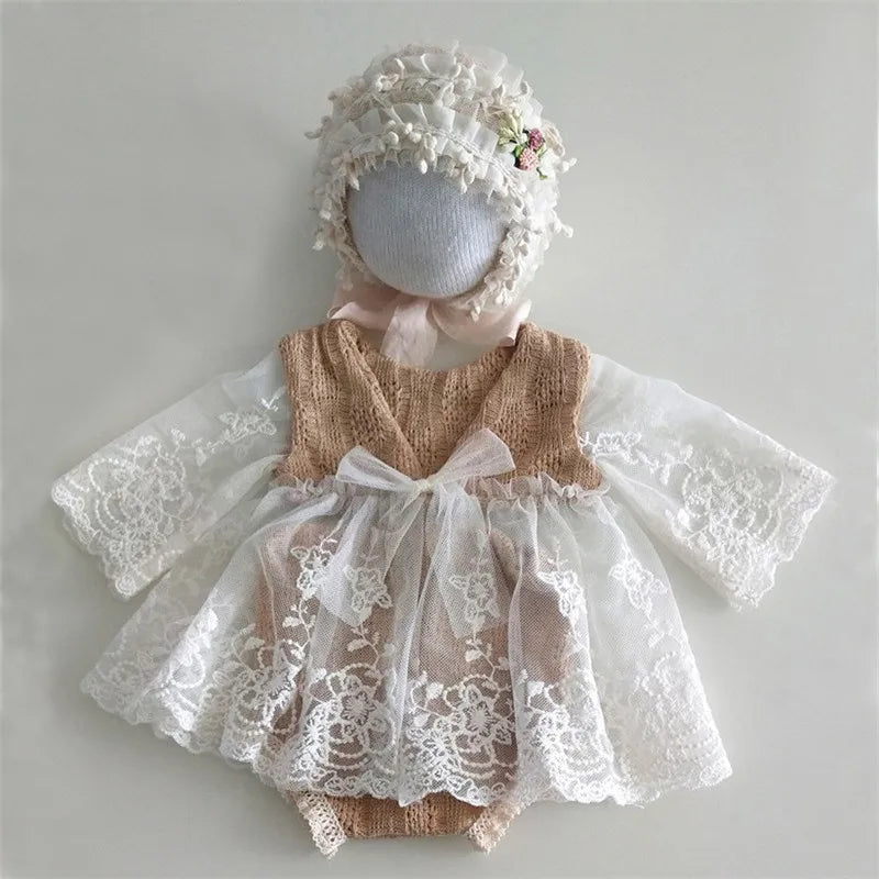 Newborn Photography Props  Newborn Hat Lace Romper Bodysuits Outfit Baby Girl Dress Photo Costume