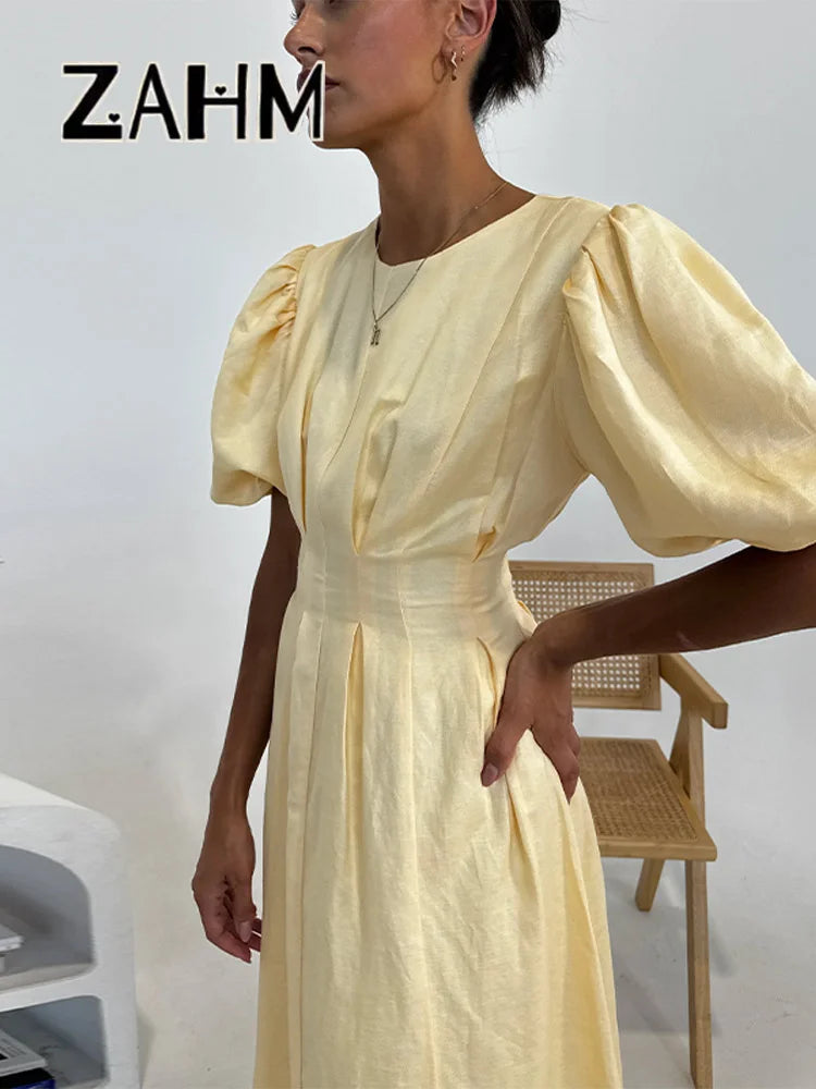 Casual Yellow Short Puff Sleeve Women Dress Loose Solid O-neck Pleated High Waist Female Maxi Dresses 2025 Summer Chic Lady Robe
