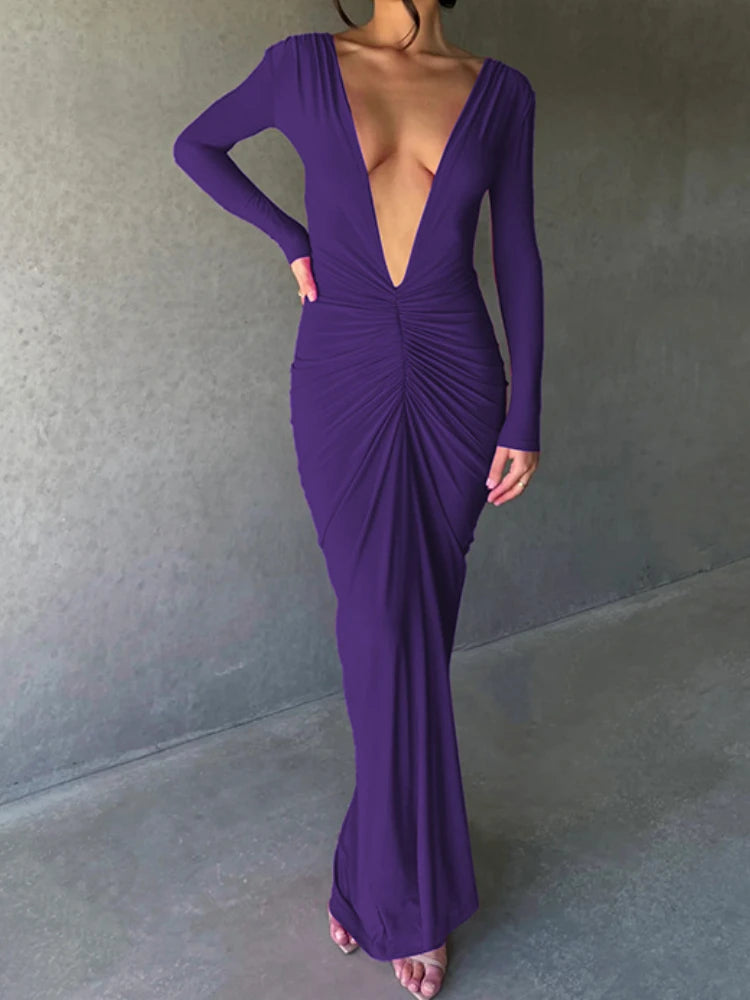Reversible Deep V Neck or Deep V Backless Folds Slim Bodycon Maxi Dress Women Skinny Long Dress Elegant Club Party Vestidos