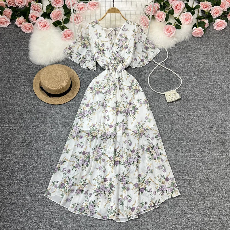 Women Chiffon Floral Long Dress Elegant Korean V Neck Short Sleeve Summer Bohemian Print Beach Dresses For Women Black