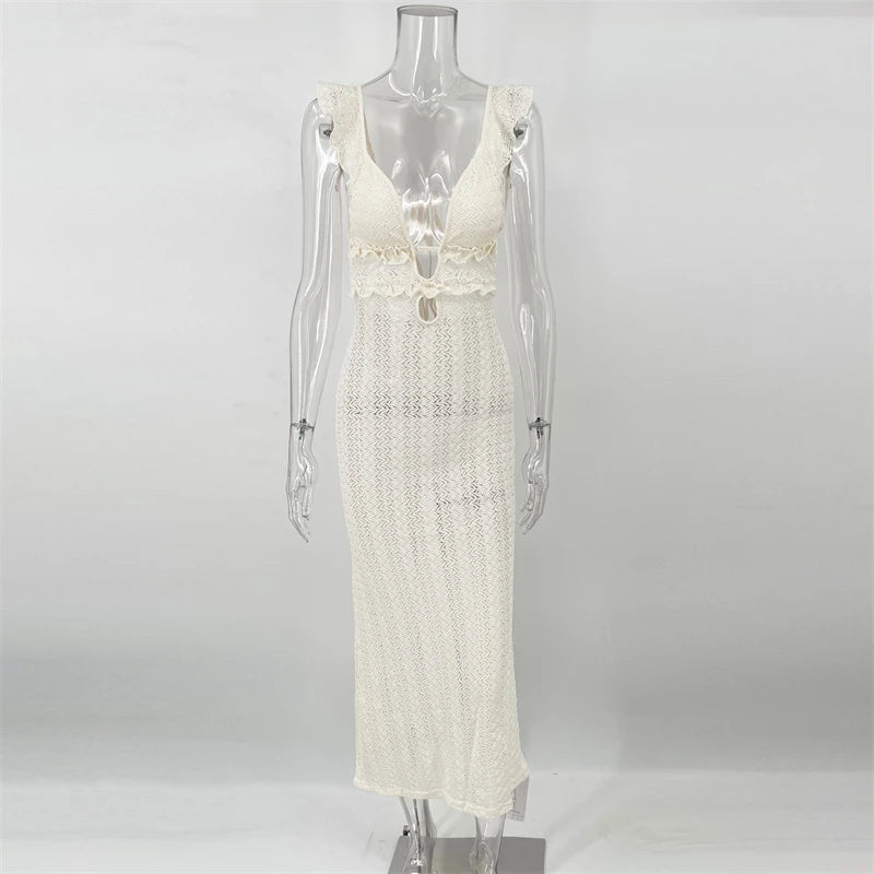 TARUXY Deep V Neck Sexy Dresses Women Sleeveless See Through High Waist Long Cover Up Dress Femme Holiday Knitted Beach Dress