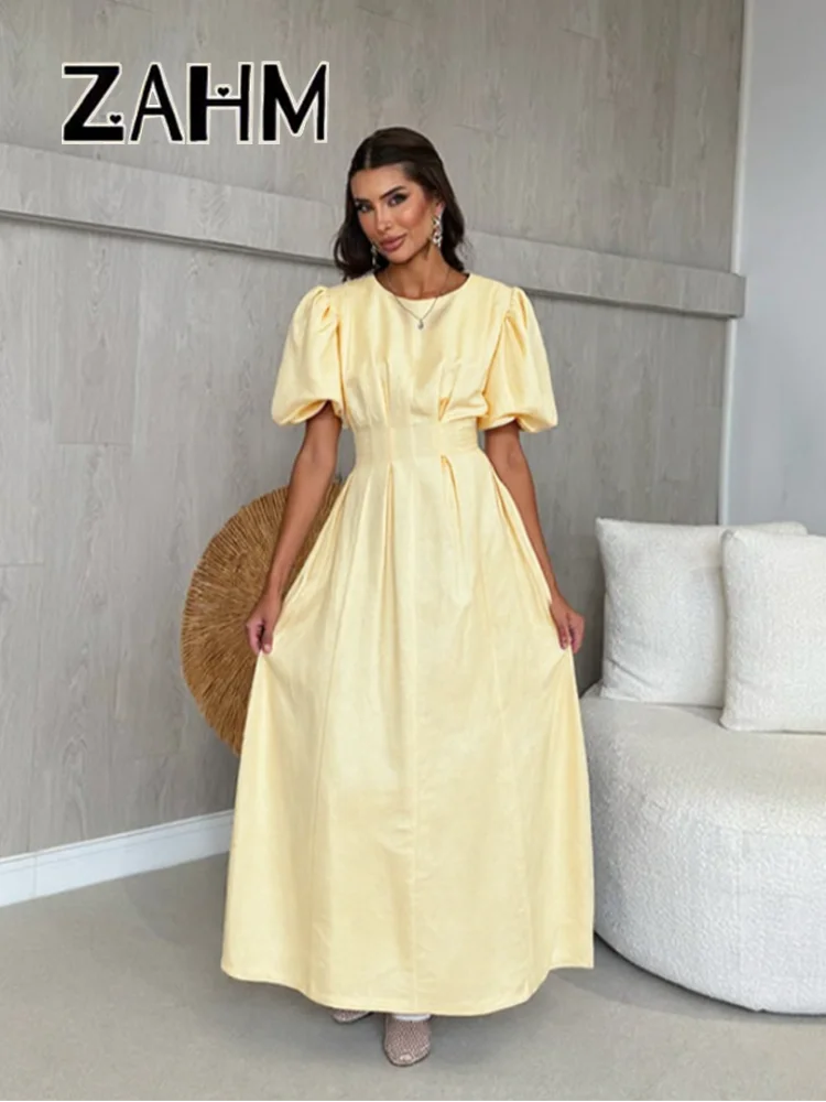 Casual Yellow Short Puff Sleeve Women Dress Loose Solid O-neck Pleated High Waist Female Maxi Dresses 2025 Summer Chic Lady Robe