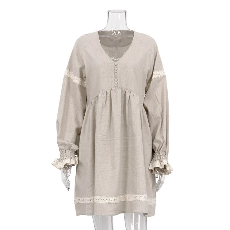 Jastie Summer New Cotton And Linen Long Dress Women French Square Neck Puff Sleeve Dresses Elegant Loose Solid Big Swing Dress