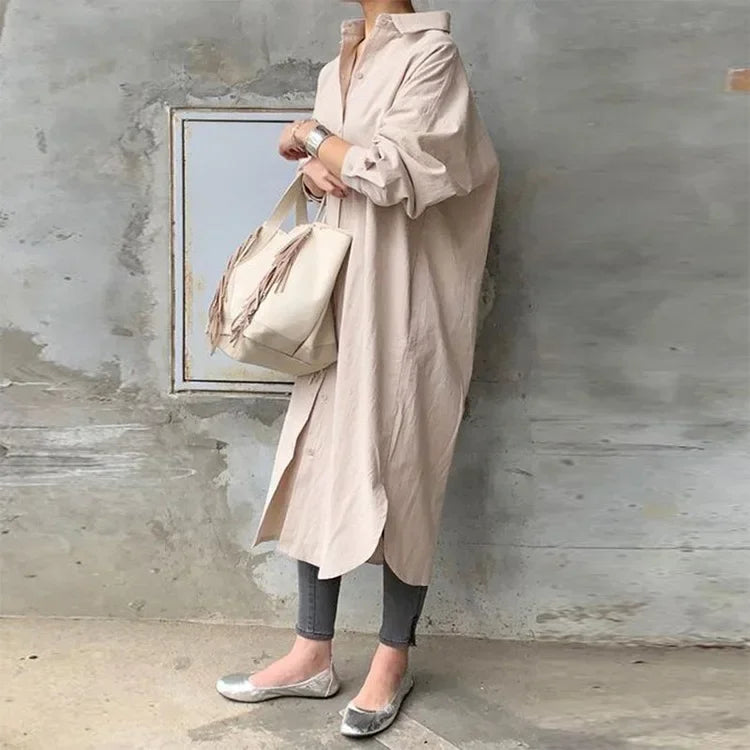 New Women's Spring Long Shirt Dress Temperament Casual Loose Work OL Dresses Elegant Long Sleeve Solid Trench Coat Women Blouses