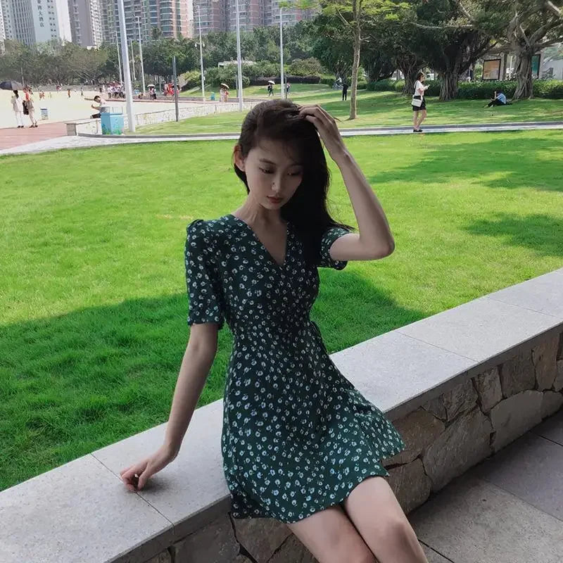 Woman Dress Dresses for Women 2025 Floral Flower Mini Green Clothes Short Sensual Sexy Outfits Promotion New Features of Loose X