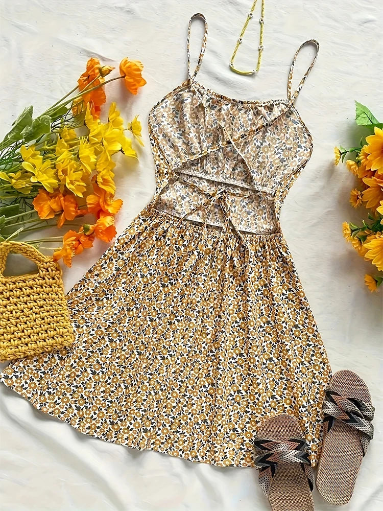 2025 Summer New European and American Cross border Women's Trade Fashion Leisure V-neck Floral Strap Dress