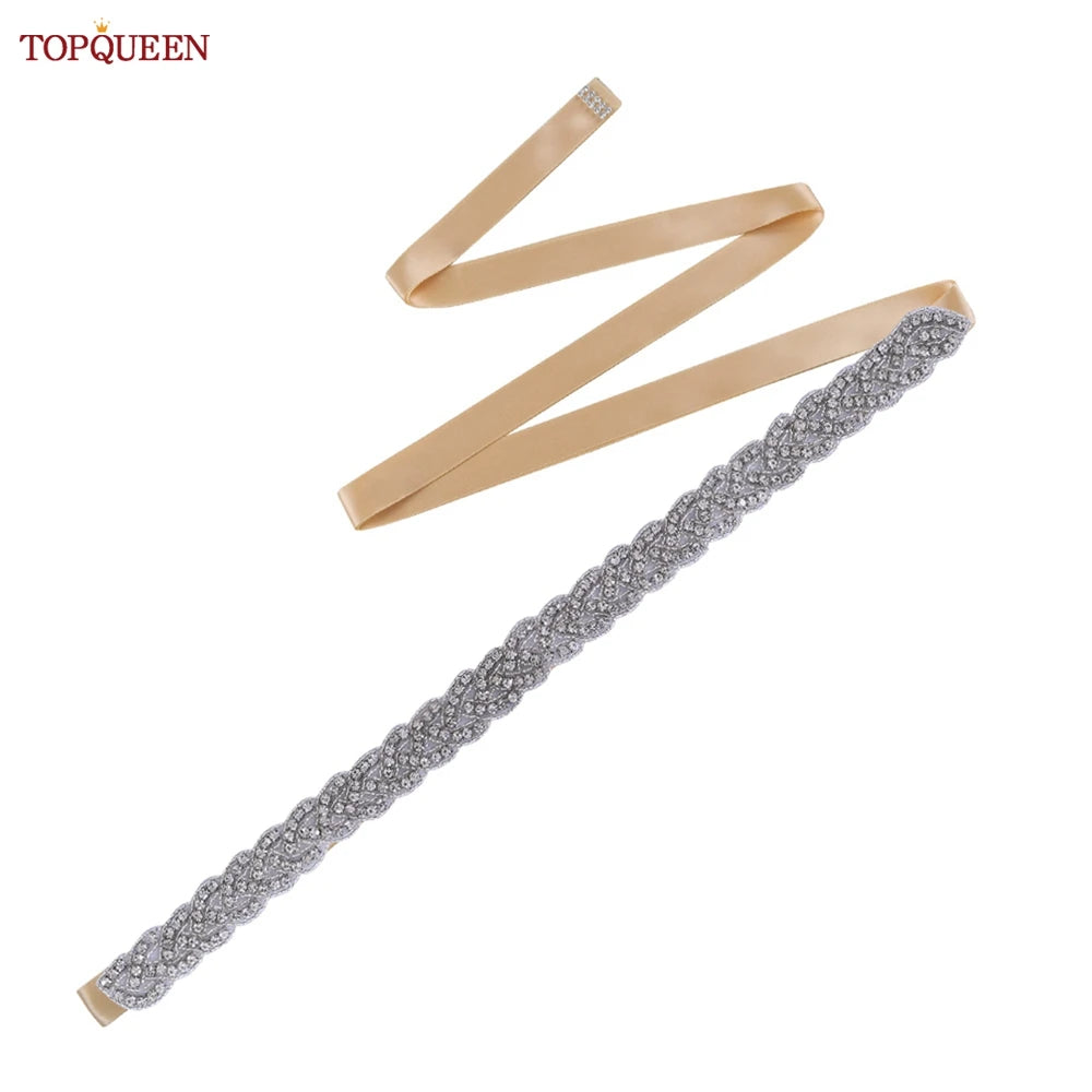 TOPQUEEN Luxury Wedding Bridal Sash Ribbon Sparkly Rhinestone Belts for Formal Dress Plus Size Diamond Belt Sash Applique  S216