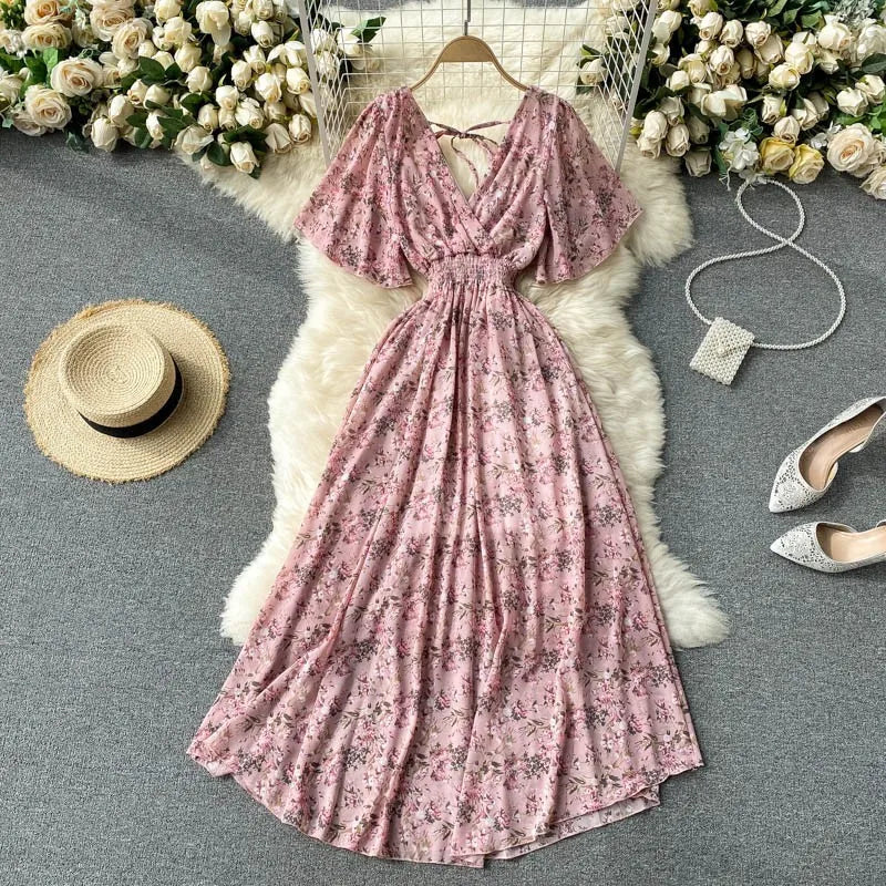 Women Chiffon Floral Long Dress Elegant Korean V Neck Short Sleeve Summer Bohemian Print Beach Dresses For Women Black
