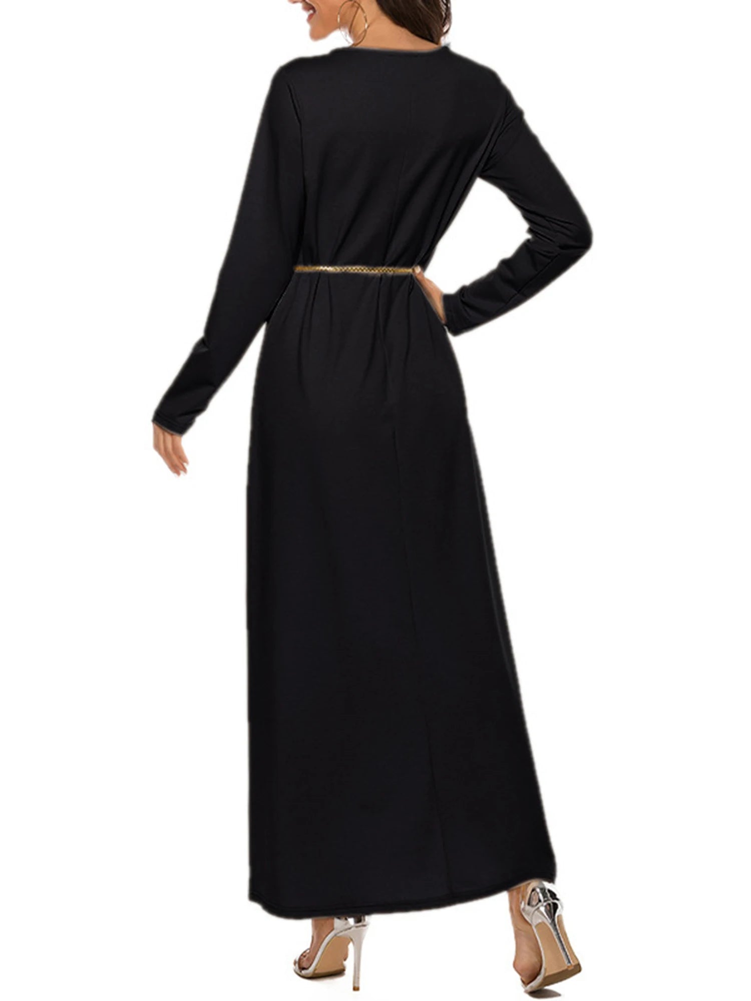 Womens Solid Color Islamic Arabian Dress Round Neck Long Sleeve Muslim Prayer Long Robes Loose Basic Dress for Casual Wear