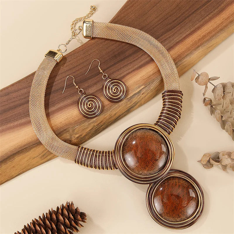 New African Colorful Round Geometry Jewelry Set Aluminium Wire Necklace Earrings Set For Women Party Wedding Dress Gifts