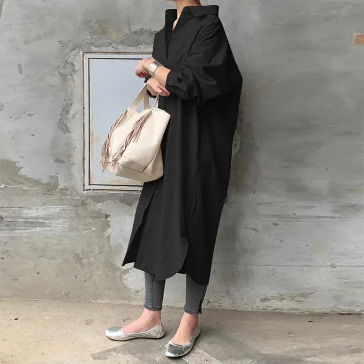 New Women's Spring Long Shirt Dress Temperament Casual Loose Work OL Dresses Elegant Long Sleeve Solid Trench Coat Women Blouses