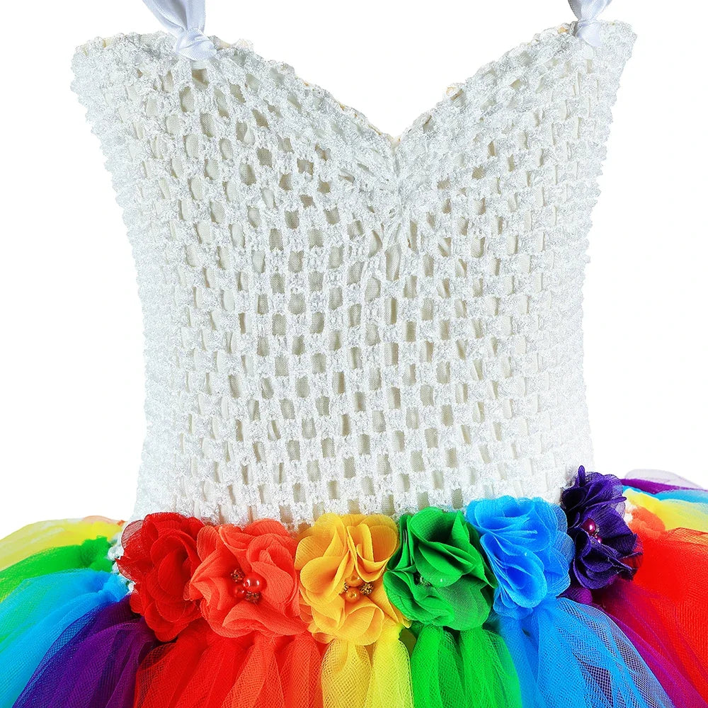 Girls Rainbow Tutu Dress V-Neck Train Flower Girl Tulle Princess Dresses Toddler Kids Birthday Party Christmas Halloween Costume