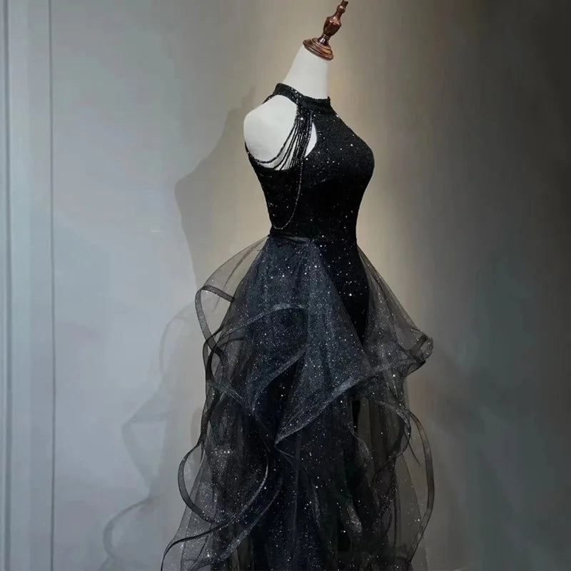 New black sequined lady girl women princess bridesmaid banquet party prom dress gown
