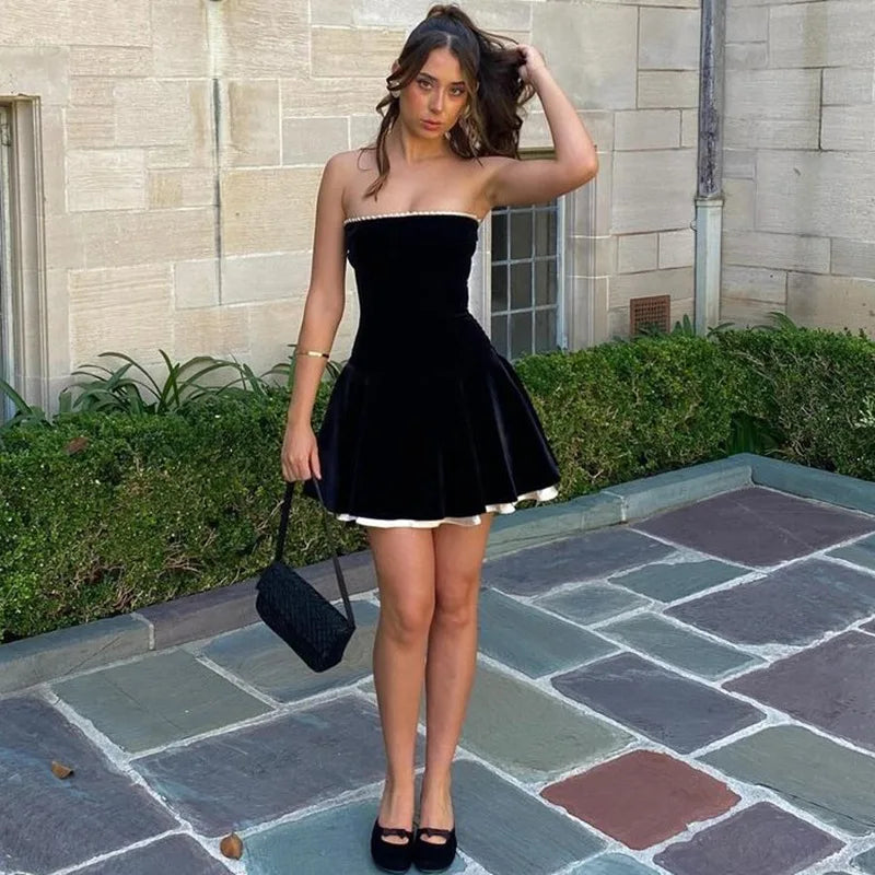 TARUXY Strapless Lace Up Black Mini Dress Women Off Shoulder Sleeveless Sexy Splice Female Summer Evening Dress Elegant Outfits