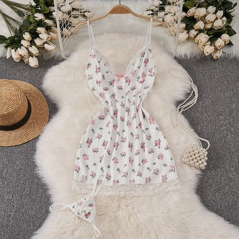 Sexy Japan Sleeveless Slim Fit Kimono Elegant Print Pajama V-Neck Irregular Short Dress Erotic Lingerie Women Hotsweet Nightgown