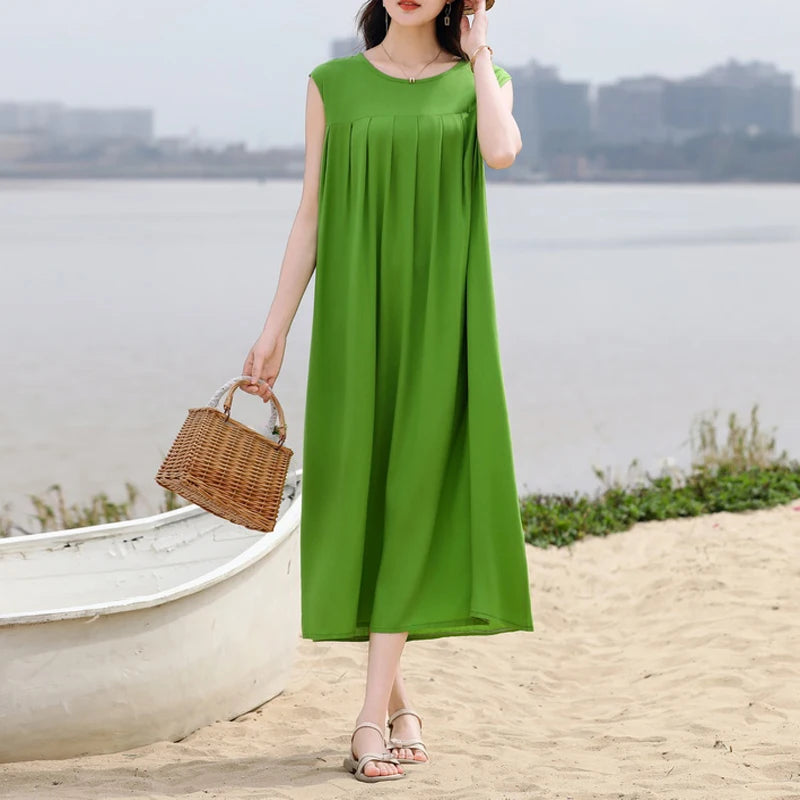 Vintage Dress Women 2025 Summer Casual Loose Long Dresses  Beach Femme Robe Vestidos Fashion Clothing Cotton Sleeveless
