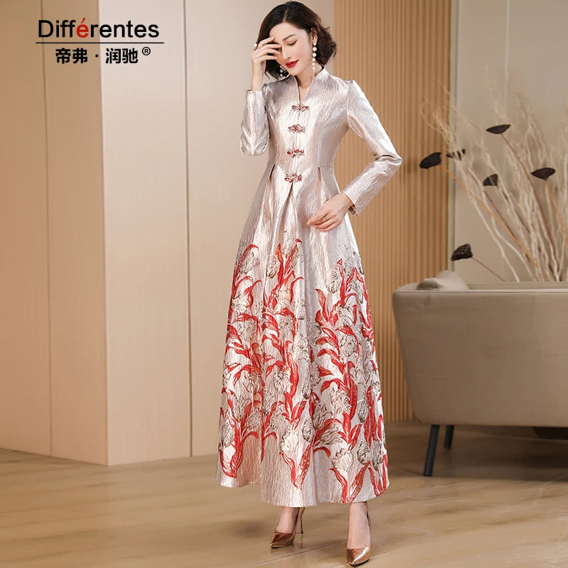 Women Luxury Long Sleeve Jacquard Dress Floral Long Dress Girls Evening Events Party Dress Chinese Style Photograph Vintage