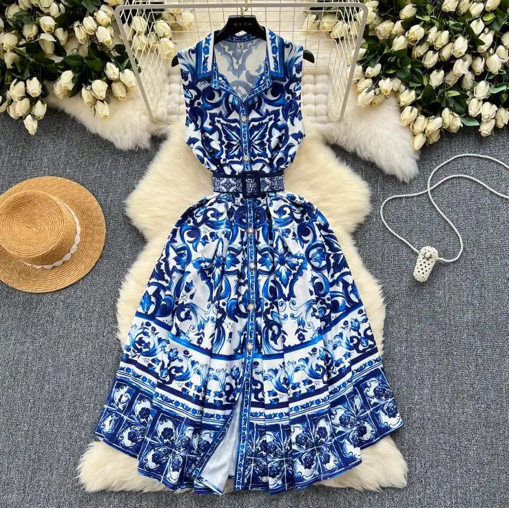 2023 Summer Runway Shirt Dress Women's Notch Collar Sleeveless Blue and White Porcelain Print Lace Up Belt Pleated Midi Dress