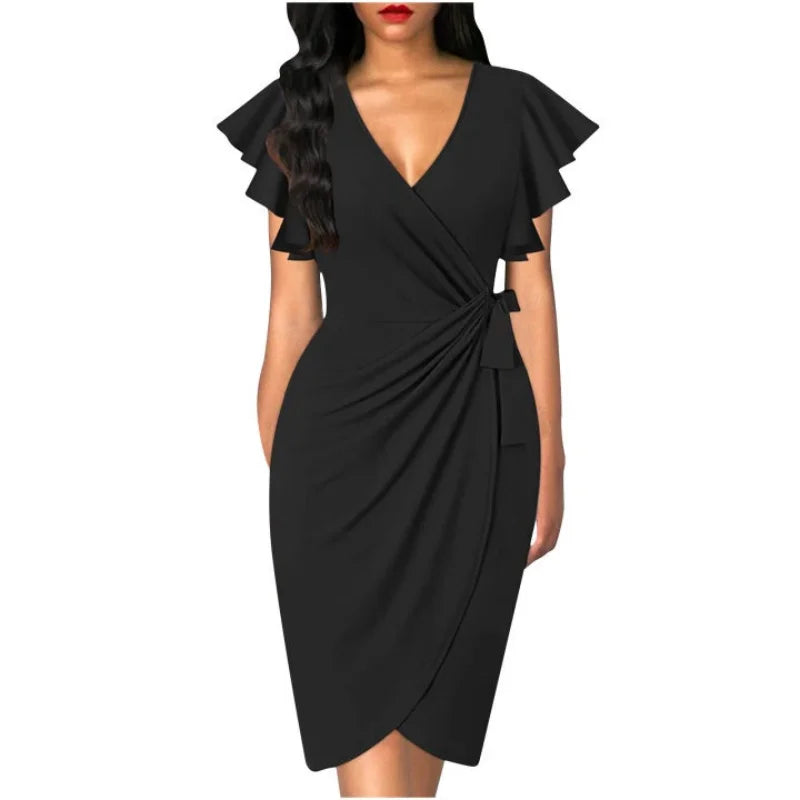 Women's Sexy Summer Dress Faux Wrap Cocktail Deep V Neck Ruffle Sleeve Ruched Detail for Party Work Formal Wedding