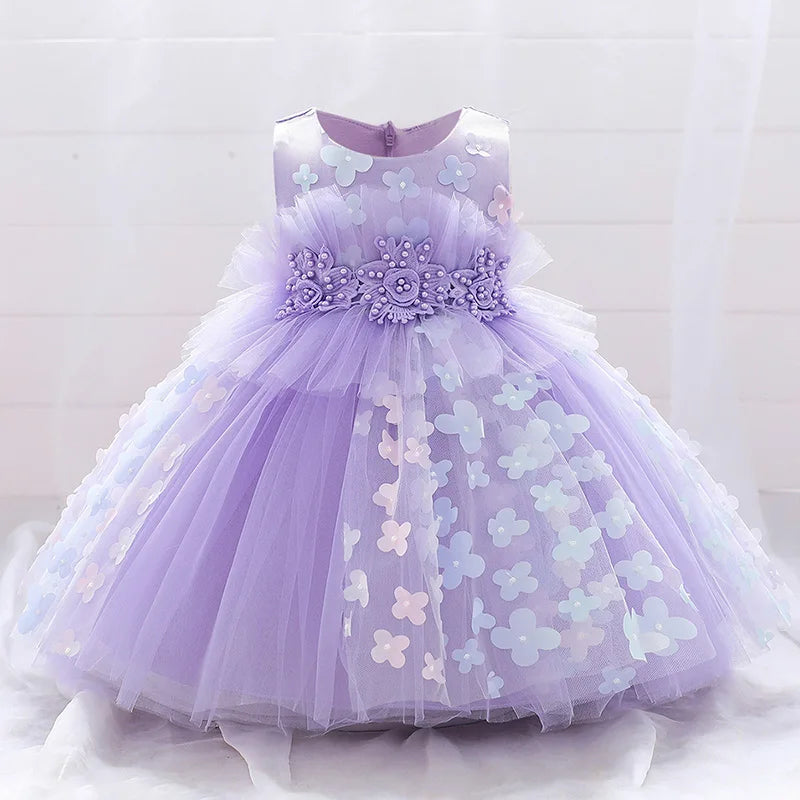 White Pink Flower Baptism First 1st Birthday Dress For Baby Girl Clothing Toddler Princess Lace Party Beads Costumes 0-5 Years