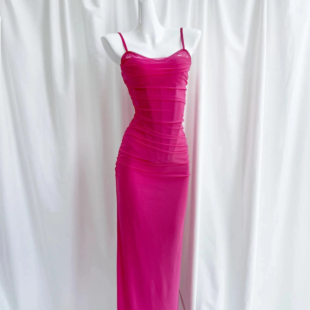 Suninheart Summer Mesh Maxi Dresses for Women 2023 Rose Spaghetti Strap Bodycon Dress Elegant Formal Occasion Dress Female