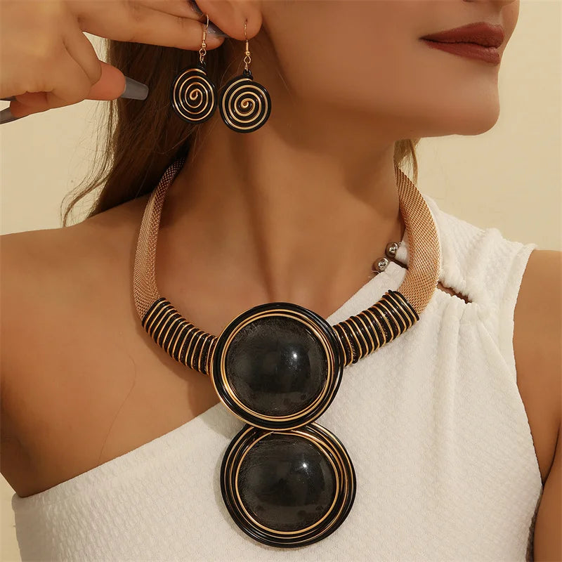 New African Colorful Round Geometry Jewelry Set Aluminium Wire Necklace Earrings Set For Women Party Wedding Dress Gifts