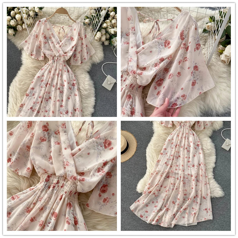 Women Chiffon Floral Long Dress Elegant Korean V Neck Short Sleeve Summer Bohemian Print Beach Dresses For Women Black