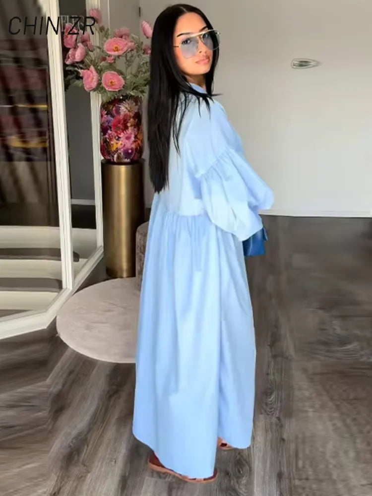Loose Single Breasted Pleated Long Dress Women Elegant O-neck Lantern Sleeve A-line Party Dresses 2025 Summer Lady Casual Robes