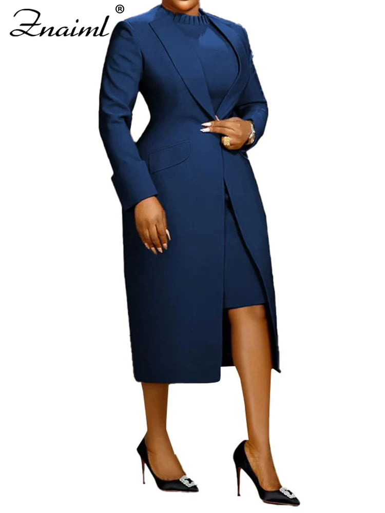 Znaiml Elegant Office Lady Long Blazer with Dress 2 Pieces Sets Woman Clothing Fashion Work Business African Streetwear Outfits