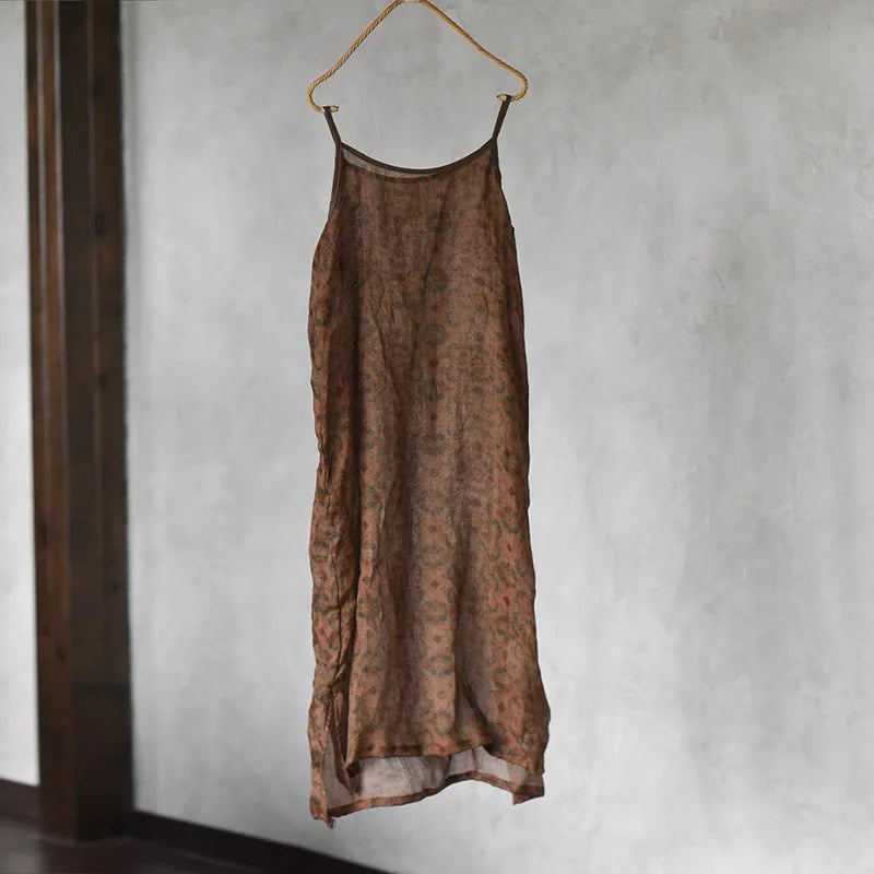 Women Loose Printed Thin Ramie Dress Ladies Vintage Printed Spaghetti Strap Dresses Female 2023 Transparent Dress Summer