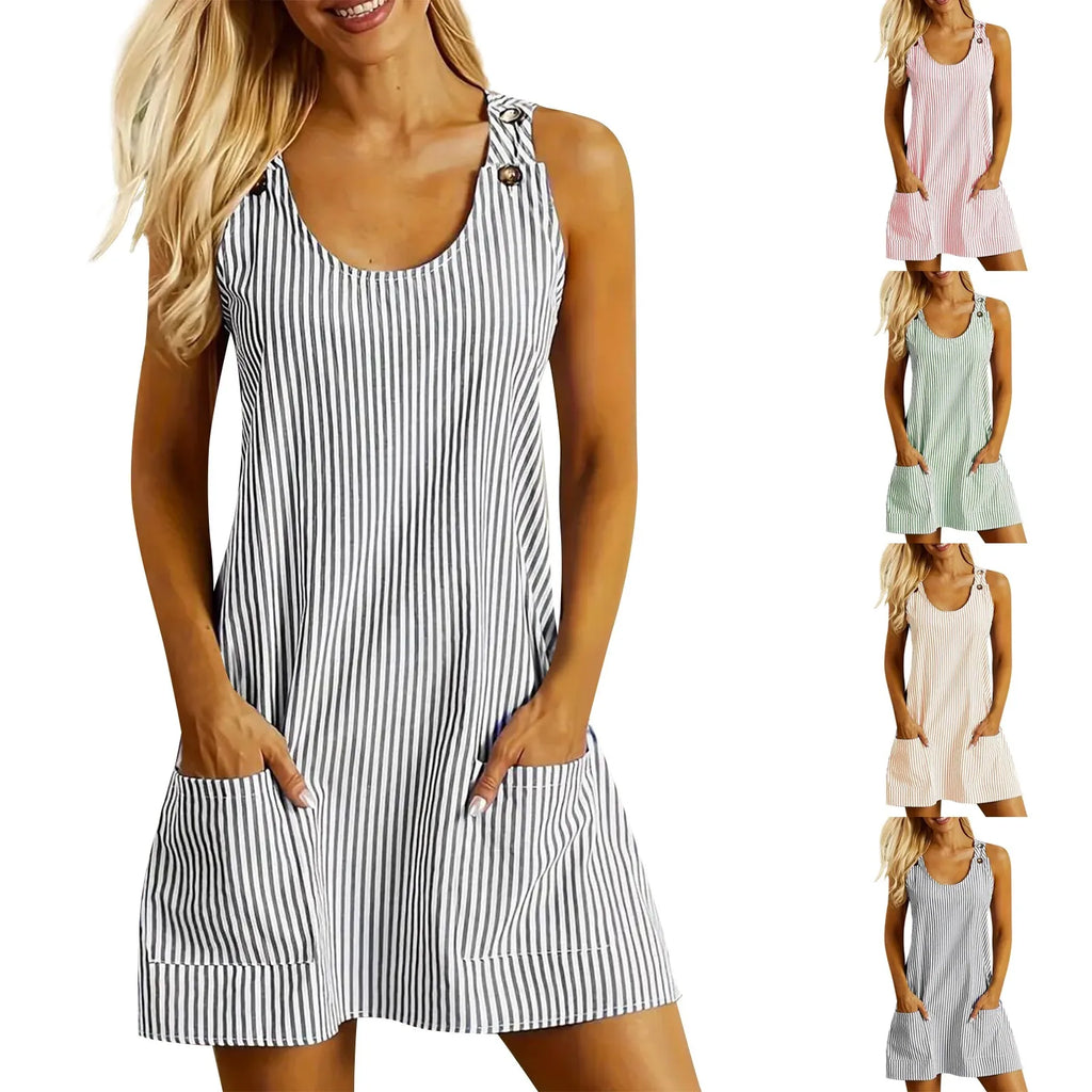 Summer Fashion Stripped Patchwork Commuting U-Neck Sleeveless Pockets Back Button Casual Straight Slimming Mini Dress For Women