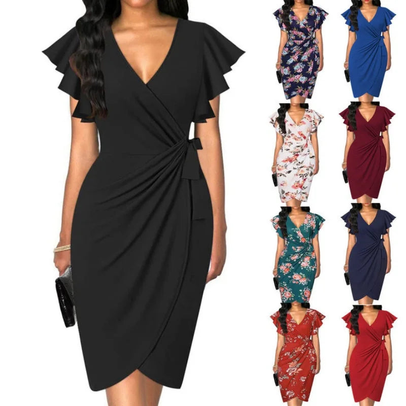 Women's Sexy Summer Dress Faux Wrap Cocktail Deep V Neck Ruffle Sleeve Ruched Detail for Party Work Formal Wedding