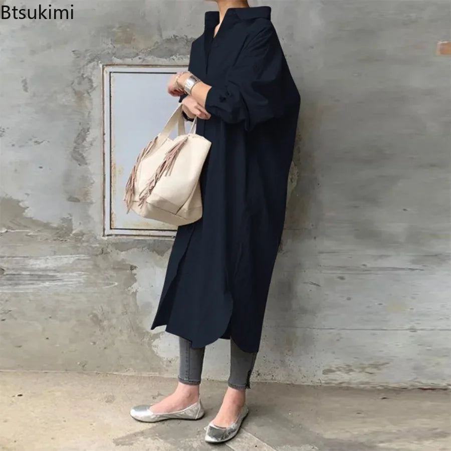 New Women's Spring Long Shirt Dress Temperament Casual Loose Work OL Dresses Elegant Long Sleeve Solid Trench Coat Women Blouses