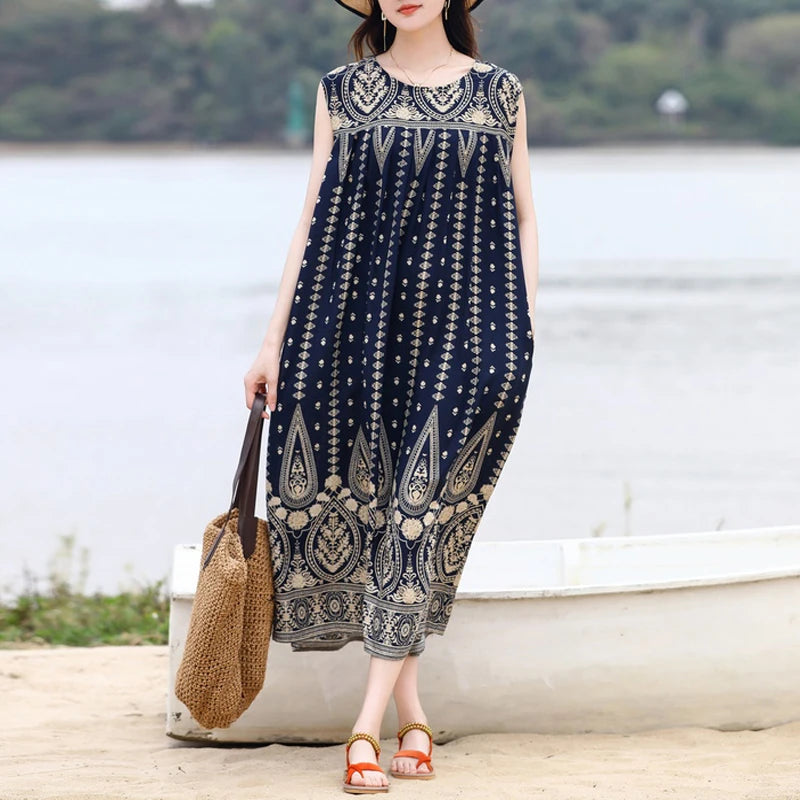 Vintage Dress Women 2025 Summer Casual Loose Long Dresses  Beach Femme Robe Vestidos Fashion Clothing Cotton Sleeveless